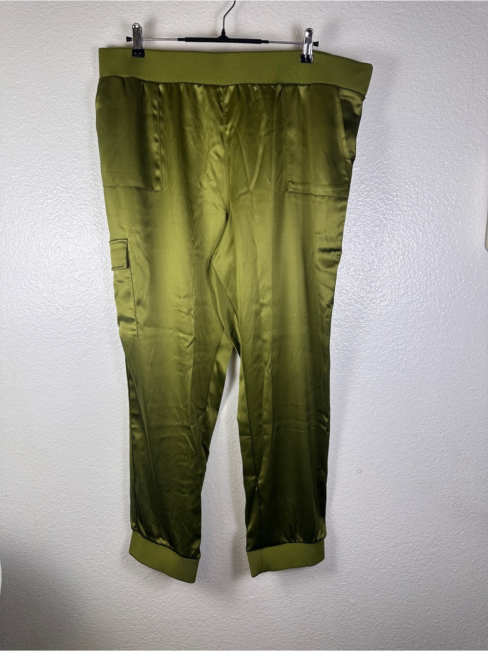 LOGO by Lori Goldstein Women's Green Satin Jogger Pants Pockets Relaxed XL